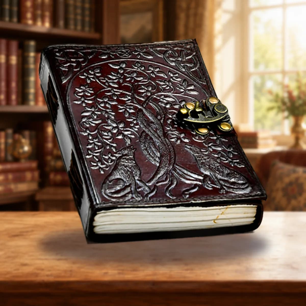 Wolf & Tree of Life leather blank book w/ latch