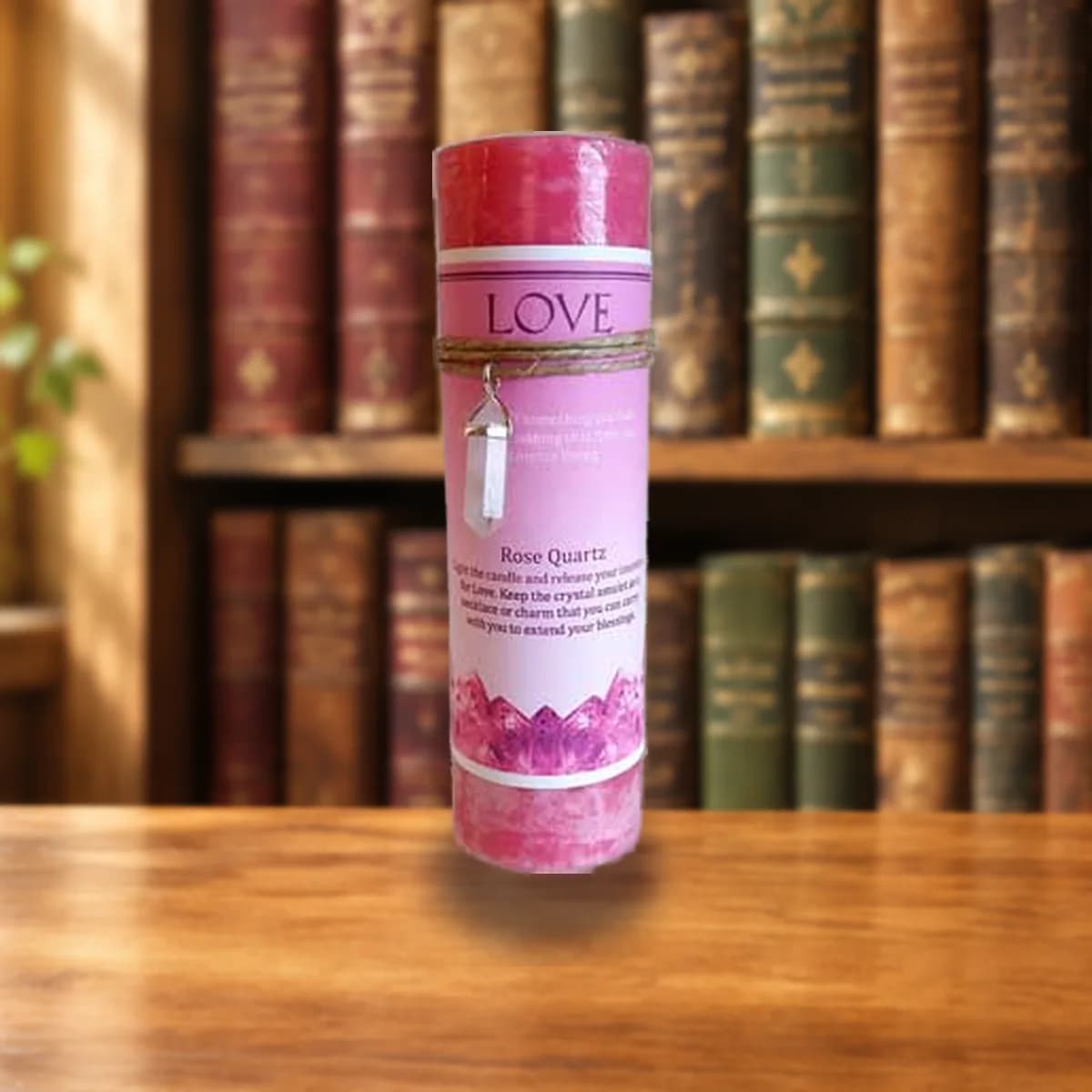 Love pillar candle with Rose Quartz pendant