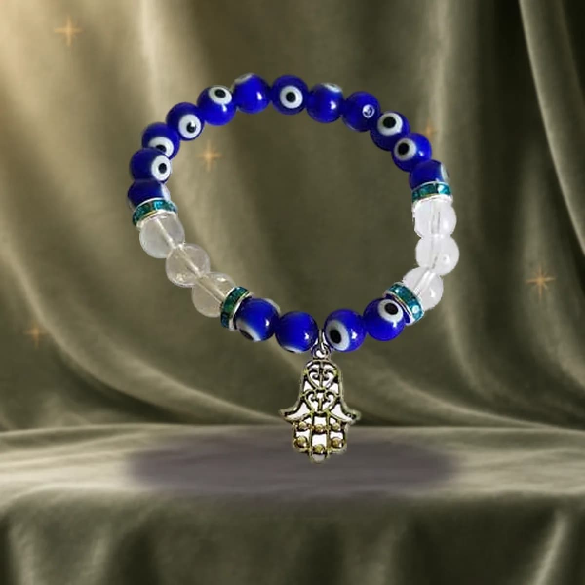 8mm Evil Eye/ Clear Quartz with Fatima Hand