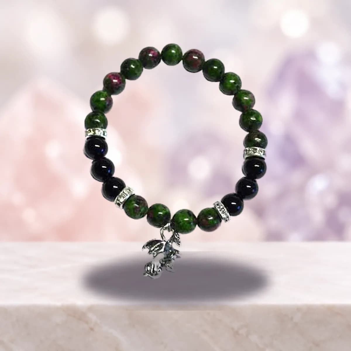 8mm Ruby Zoisite/ Black Onyx with Dragon