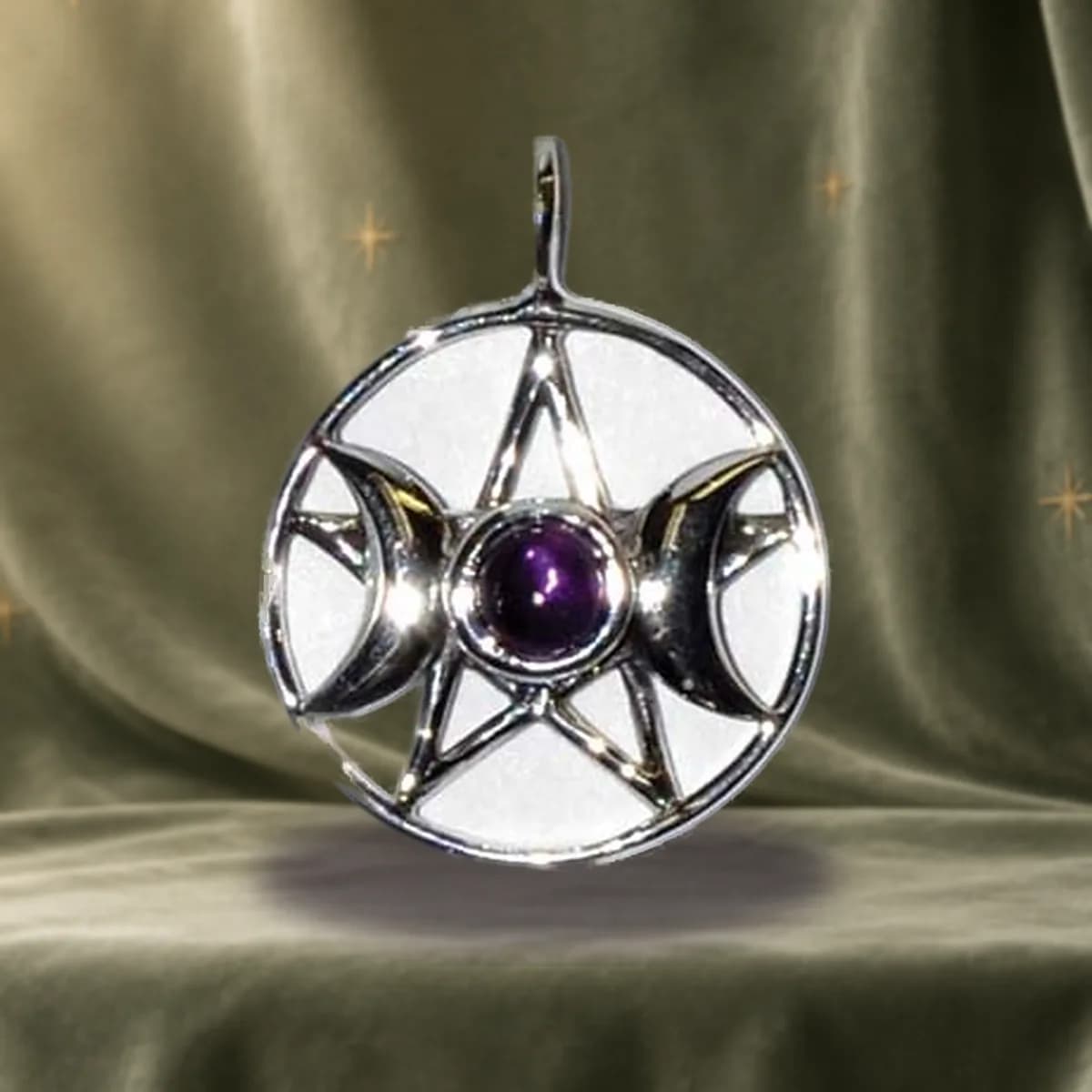 3/4" Triple Goddess Pentagram Amethyst sterling