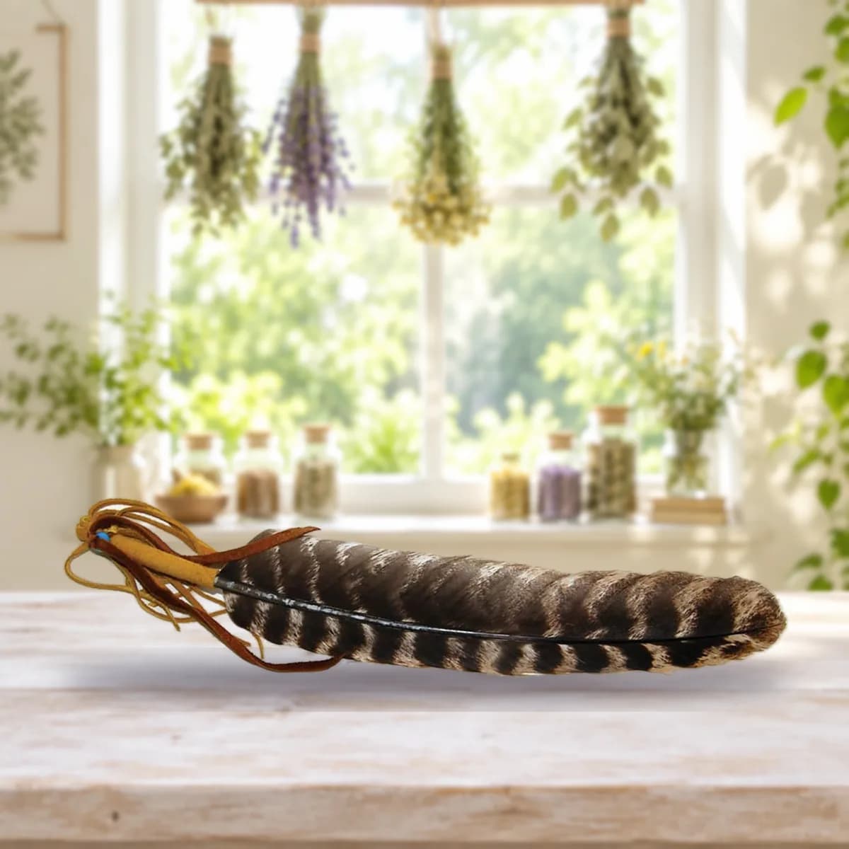 Leather Wrapped smudging feather 12"
