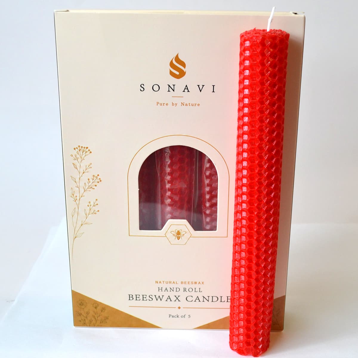 (set of 5) 8" Red beeswax candles