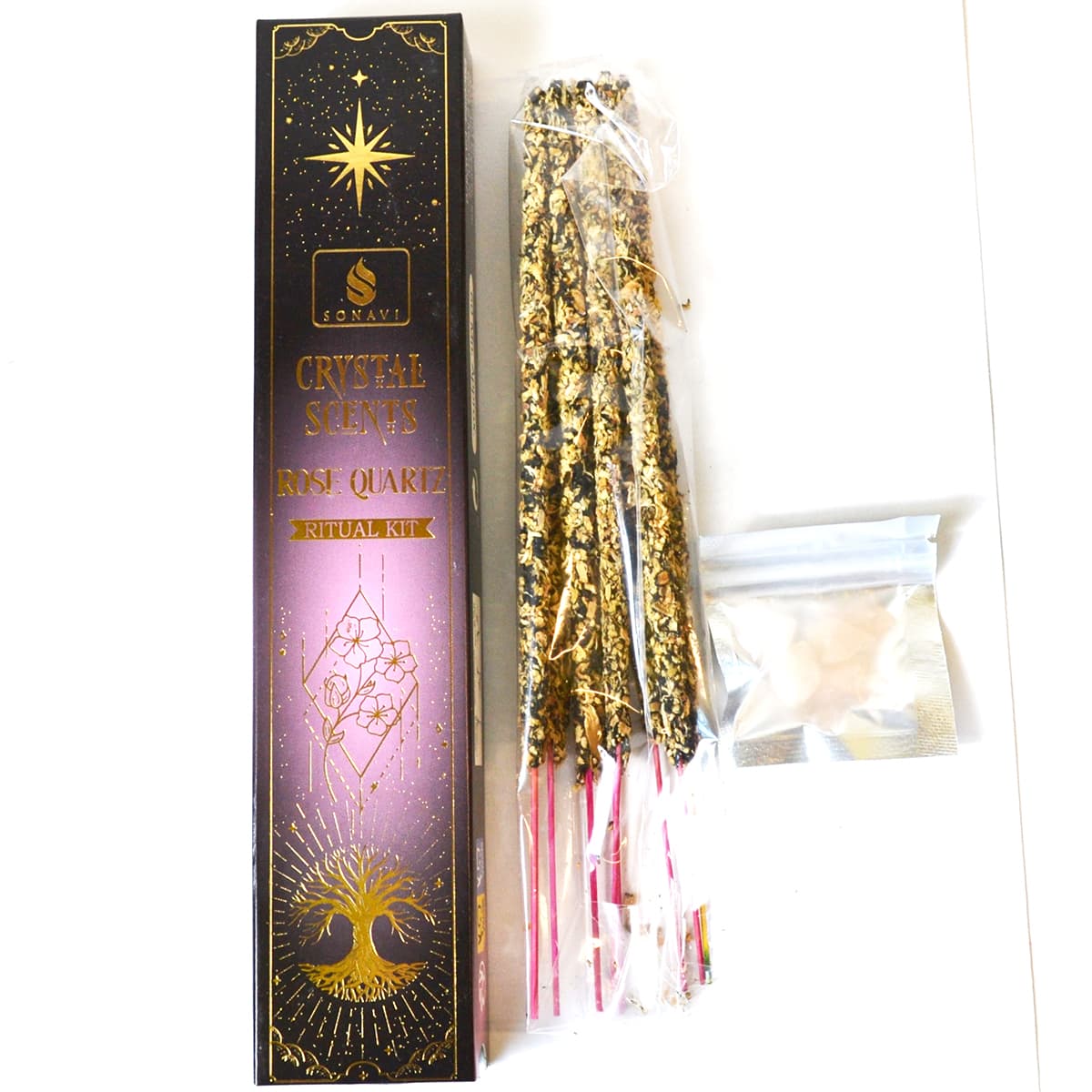 8pk incense & Rose Quartz chips