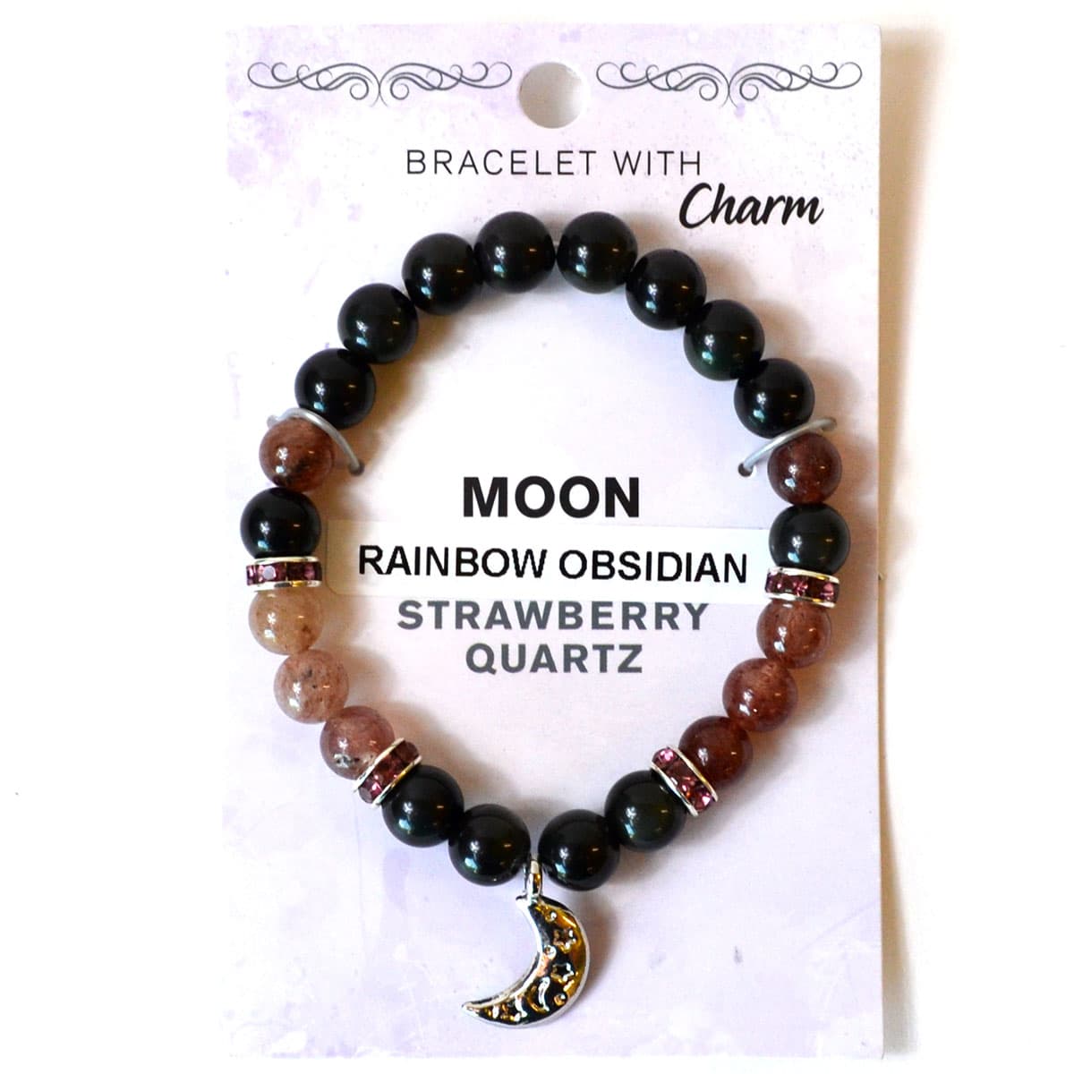 8mm Rainbow Obsidian & Strawberry Quartz / Moon