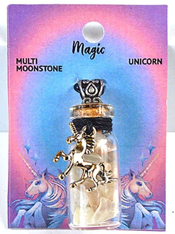 Moonstone Chips in Bottle with Unicorn necklace