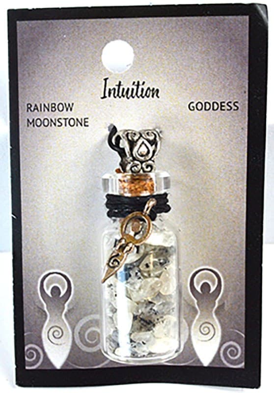Rainbow Moonstone Chips in Bottle with Goddess necklace