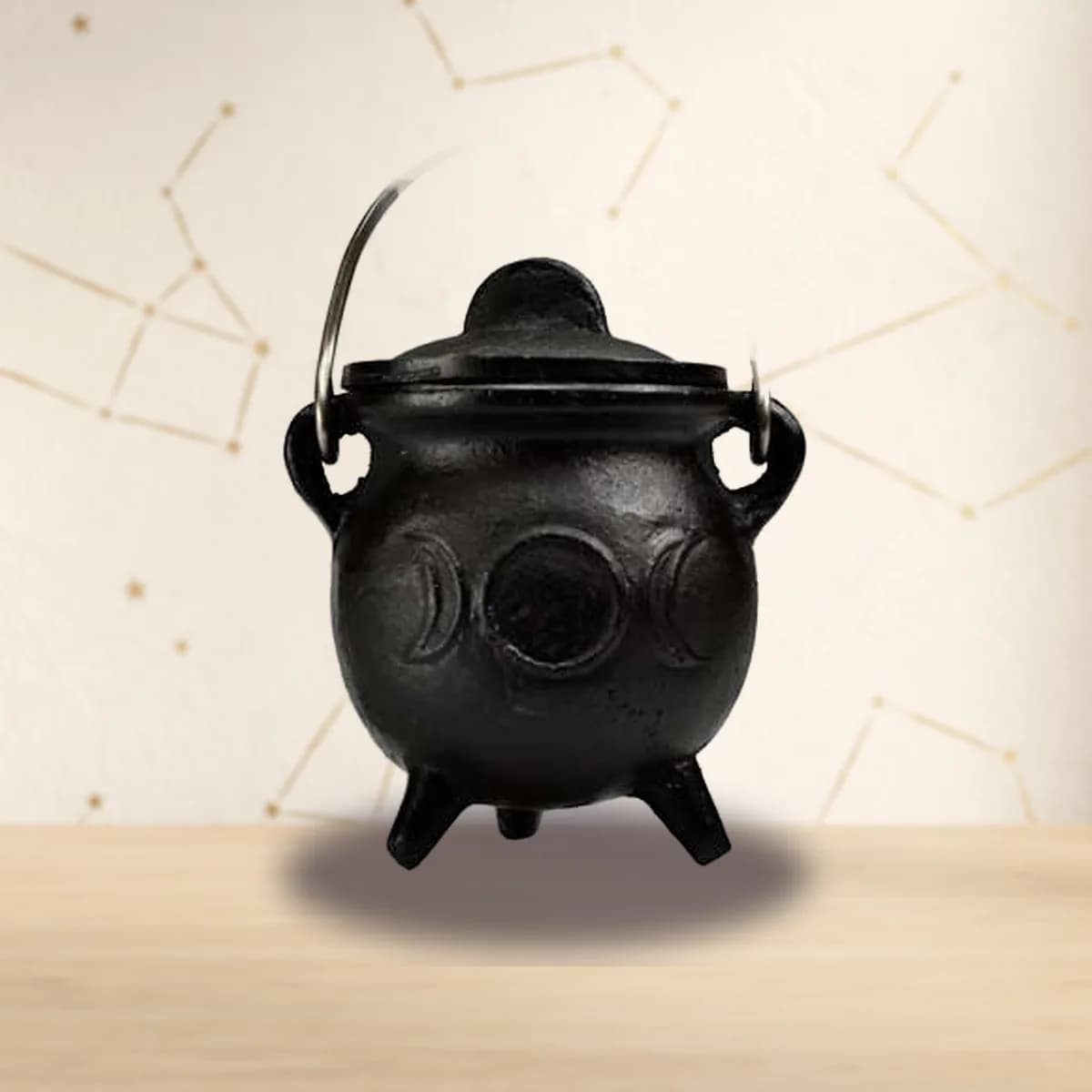 3" Triple Moon cast iron cauldron w/ lid
