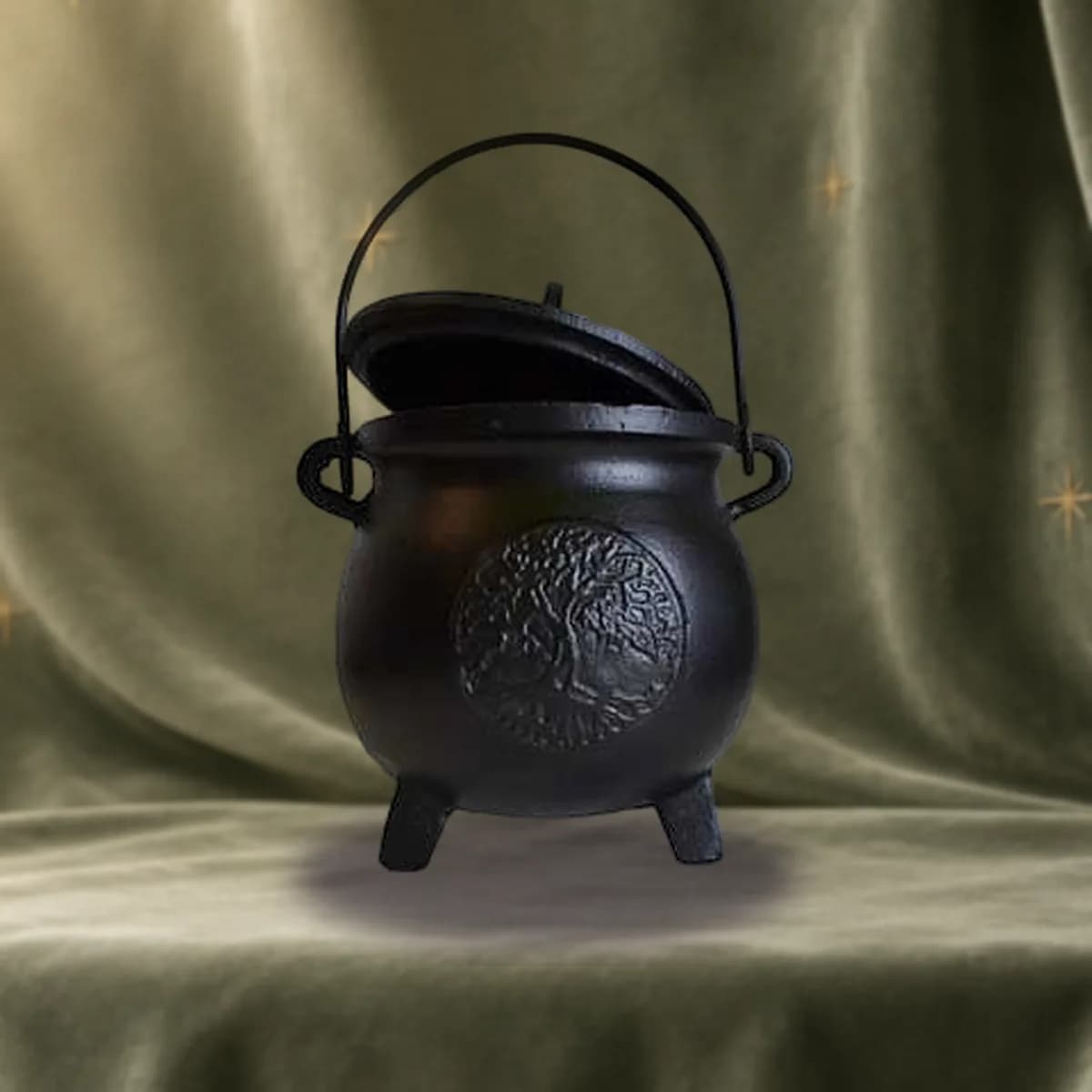 6" Tree of Life cast iron cauldron w/ lid