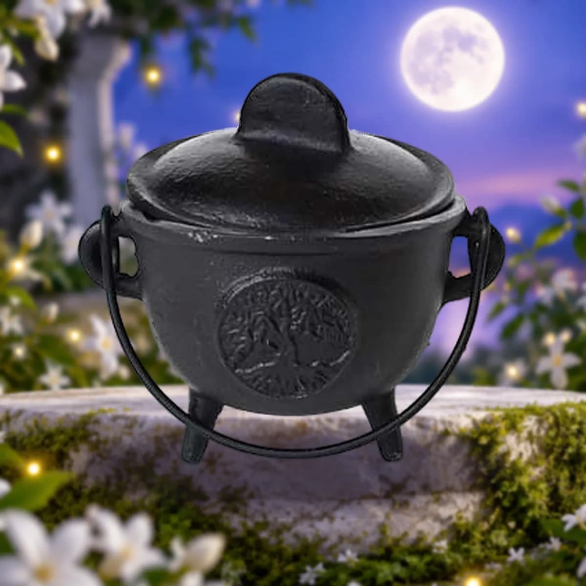 5" Cast iron cauldron w/ lid Tree of Life