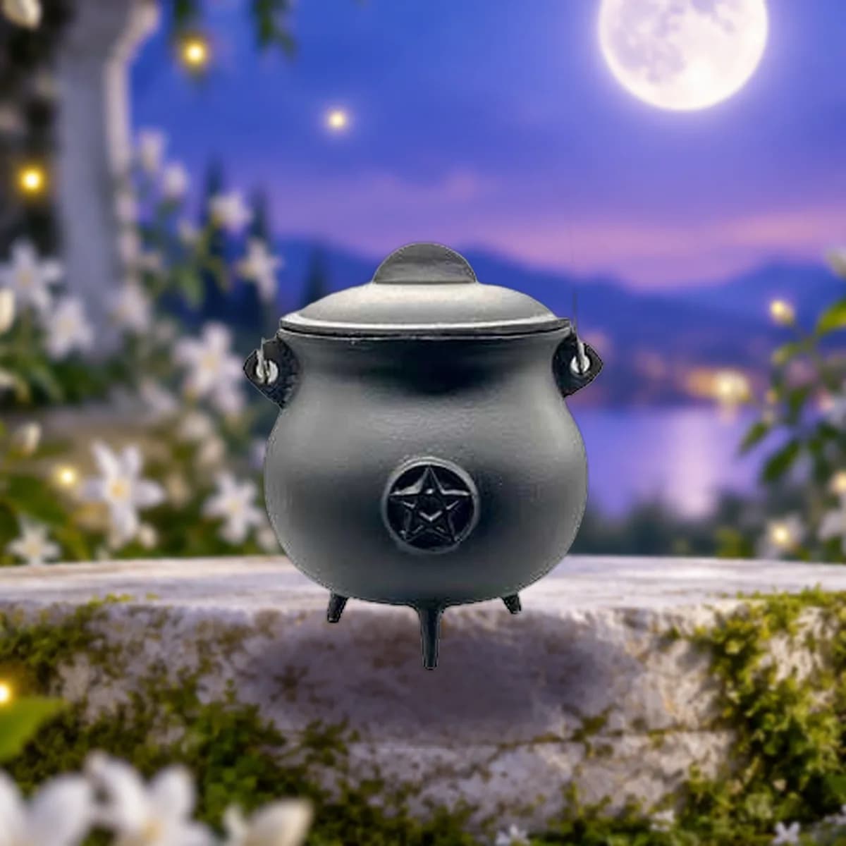 8" Pentagram cast iron cauldron w/ lid
