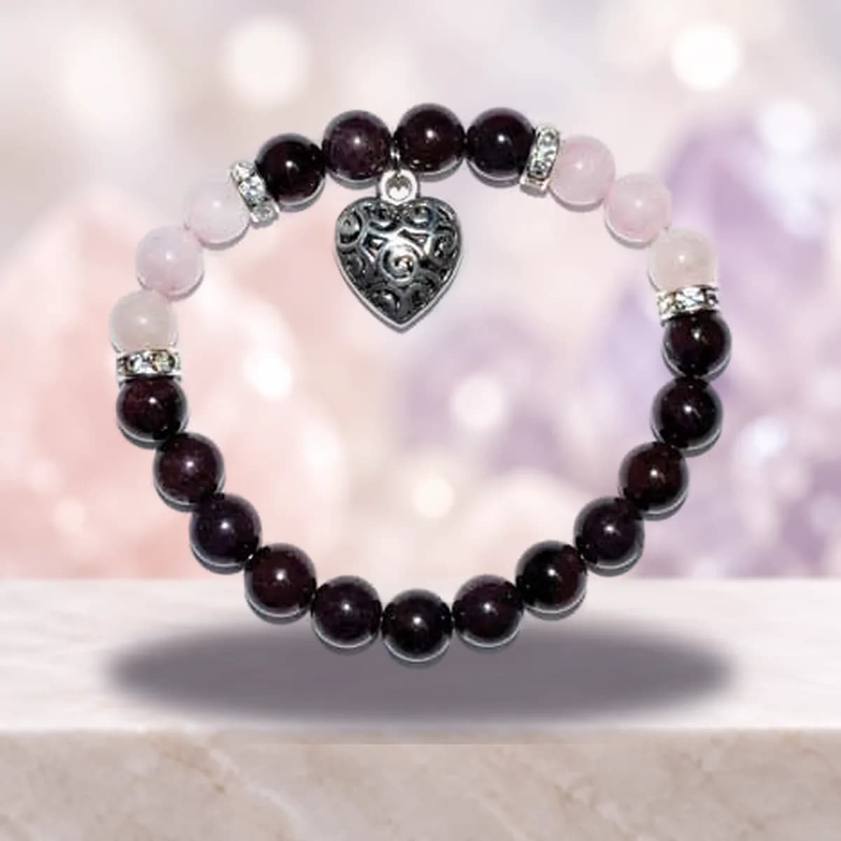 8mm Garnet/ Rose Quartz with Heart