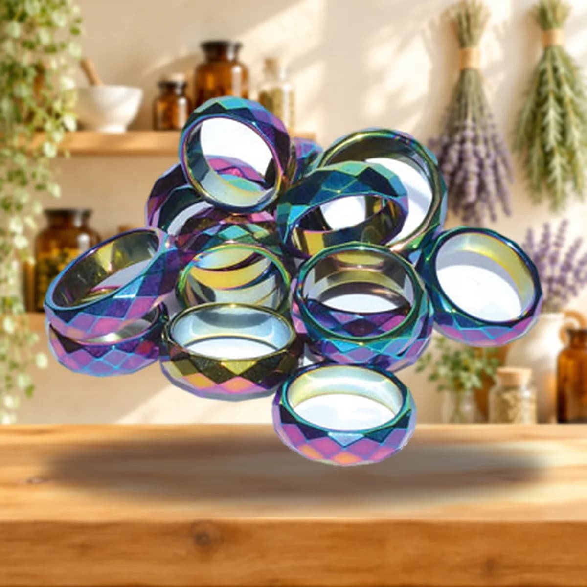 (set of 50) Rainbow Magnetic Hematite Faceted rings