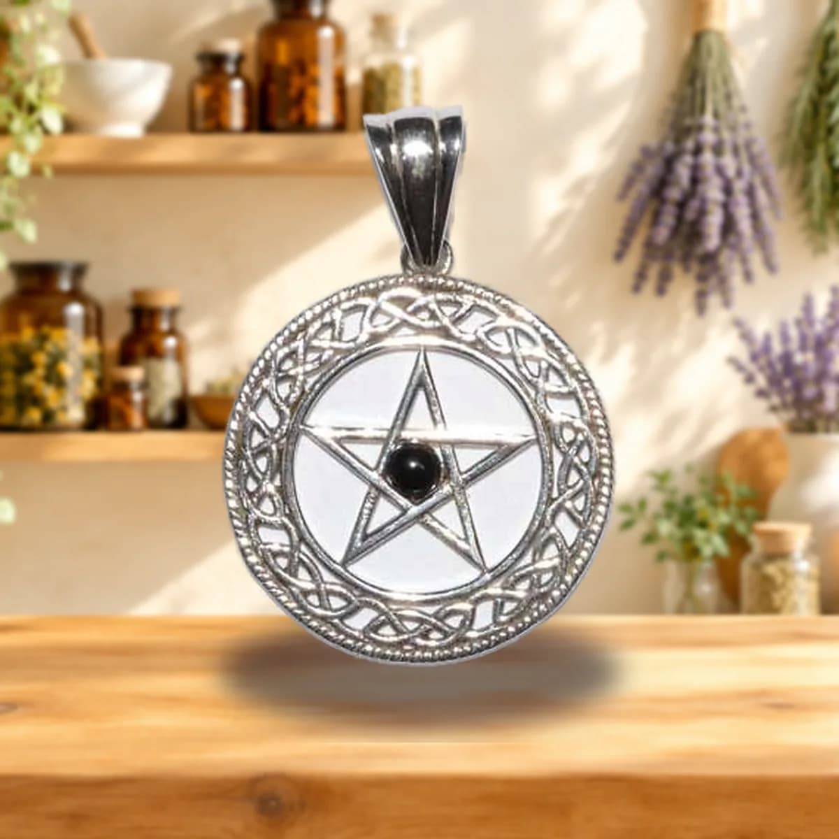 Pentacle black obsidian pendant