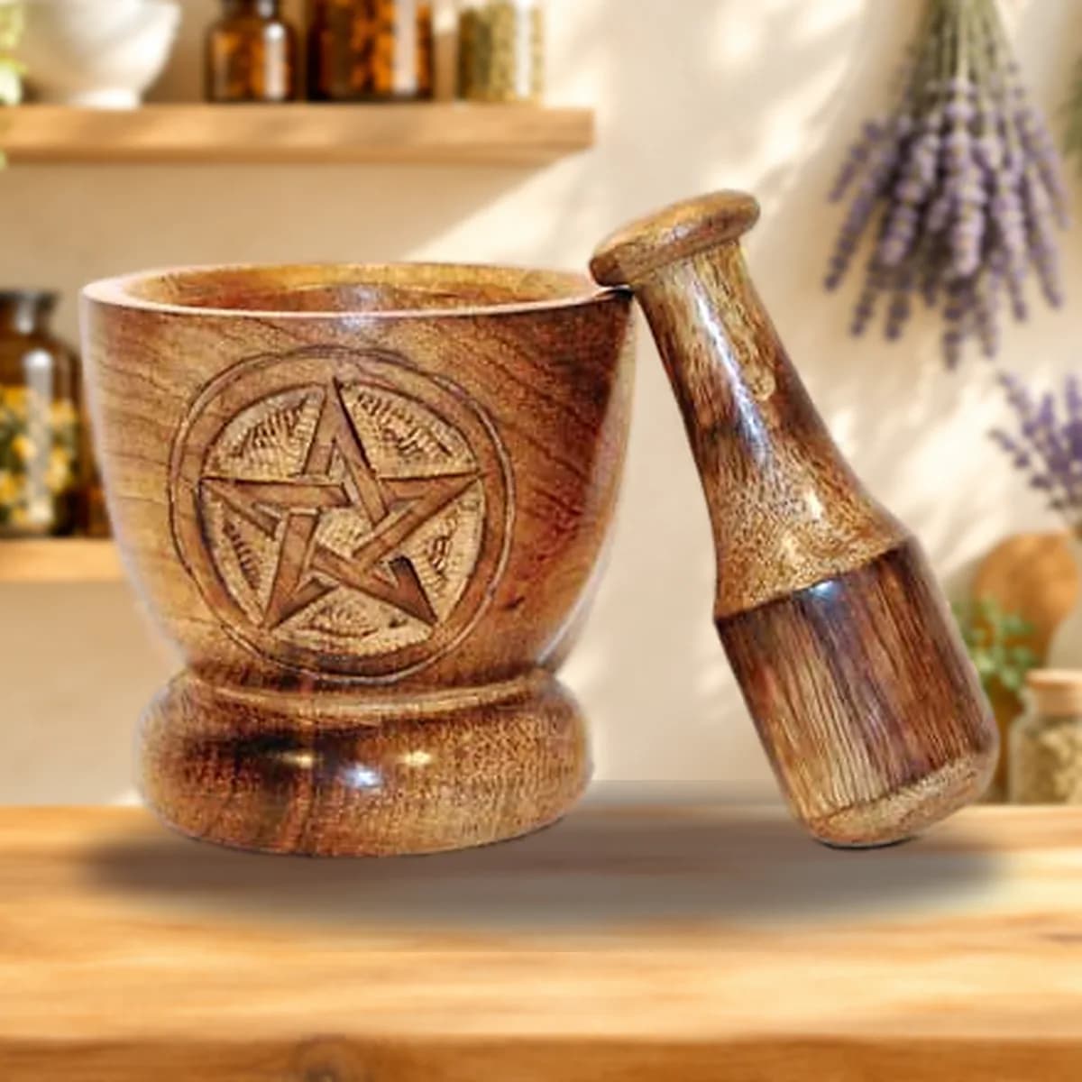 Wooden Pentagram Mortar and Pestle Set