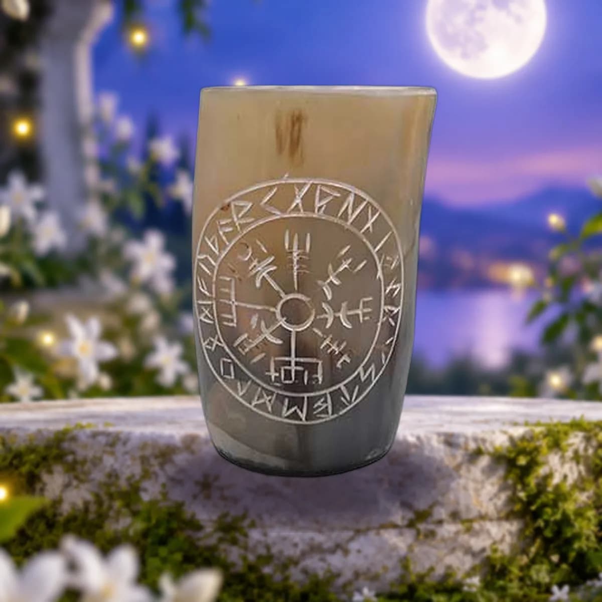 4" Rune buffalo horn mug